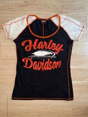 Harley-Davidson Black Tee with White Sleeves and Orange Trim
